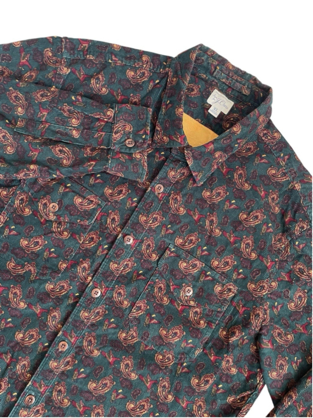 J. Crew 14 Wale Corduroy Button Up Shirt Men’s XL Paisley Green Brown